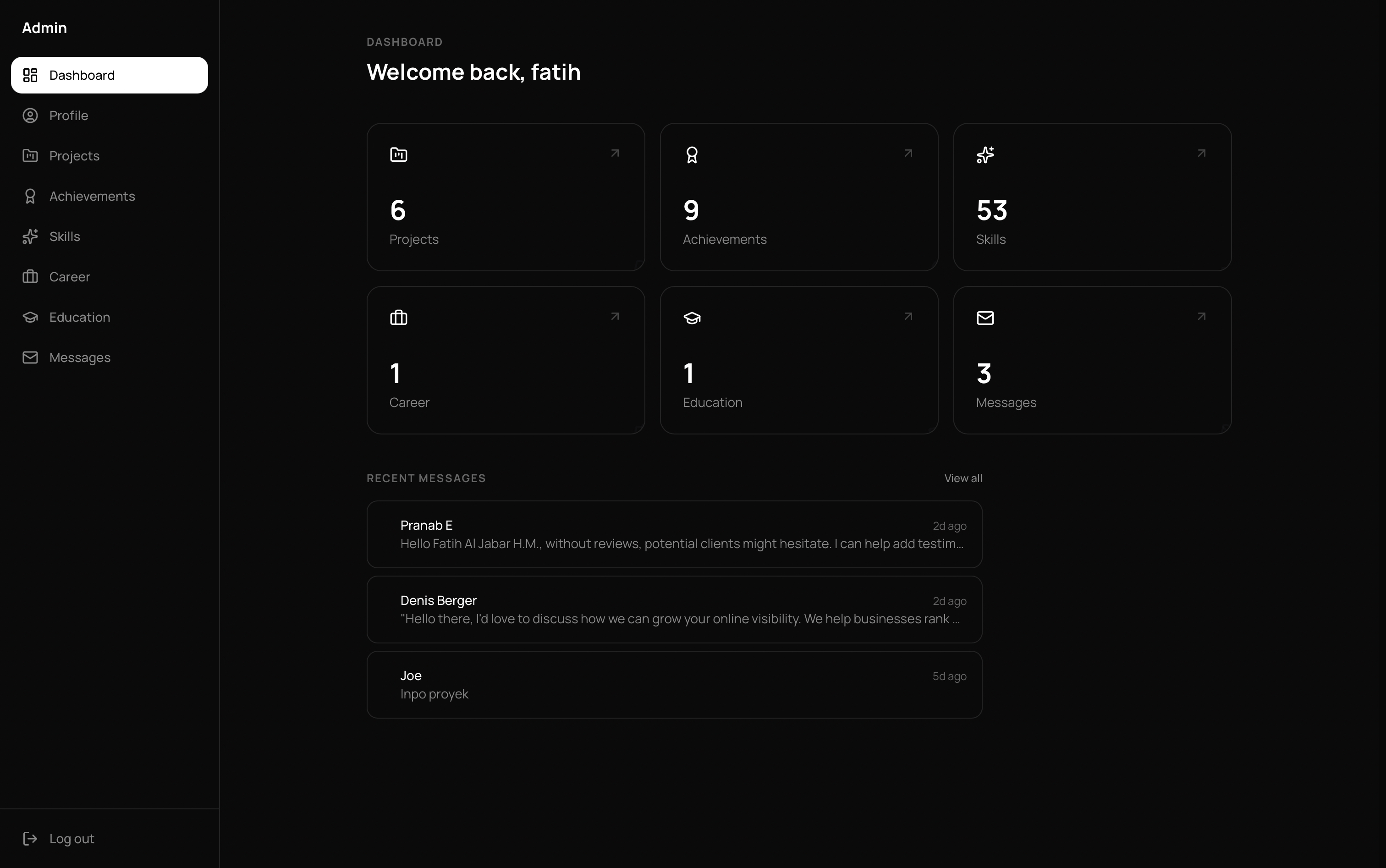 Admin dashboard: CRUD for projects, achievements, and messages